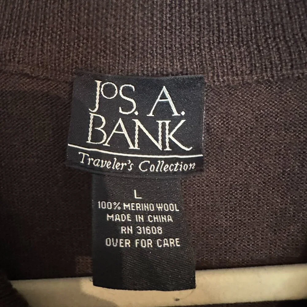 Jos. A. Bank Traveler Brown Quarter Zip Sweater 100% Merino Wool Preppy - Large
